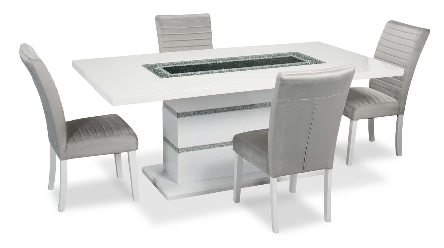 Garbo 5pc Dining Set with Table & 4 Chairs, Glass Insert, Pedestal Base, Glam, 78.75W - White | Ensemble de salle à manger somptueux Garbo 5 pièces avec table de 78,75 po (L), incrustation de verre, base piédestal et 4 chaises - blanc