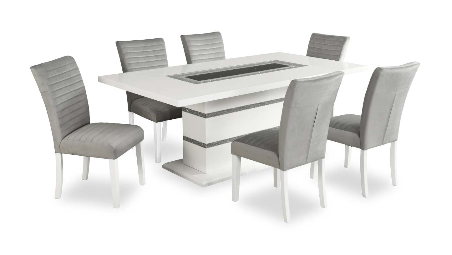 Garbo 7pc Dining Set with Table & 6 Chairs, Glass Insert, Pedestal Base, Glam, 78.75W - White | Ensemble de salle à manger somptueux Garbo 7 pièces avec table de 78,75 po (L), incrustation de verre, base piédestal et 6 chaises - blanc