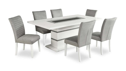 Garbo 7pc Dining Set with Table & 6 Chairs, Glass Insert, Pedestal Base, Glam, 78.75W - White | Ensemble de salle à manger somptueux Garbo 7 pièces avec table de 78,75 po (L), incrustation de verre, base piédestal et 6 chaises - blanc