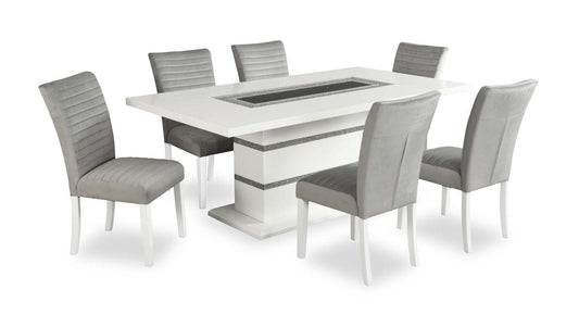 Garbo 7pc Dining Set with Table & 6 Chairs, Glass Insert, Pedestal Base, Glam, 78.75W - White | Ensemble de salle à manger somptueux Garbo 7 pièces avec table de 78,75 po (L), incrustation de verre, base piédestal et 6 chaises - blanc