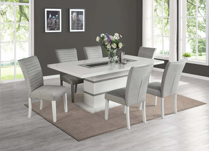 Table de salle à manger Garbo avec incrustation en verre, base piédestal, glamour, 78,75 po - blanche | Table de salle à manger somptueuse Garbo de 78,75 po (L) avec incrustation de verre et base piédestal - blanche