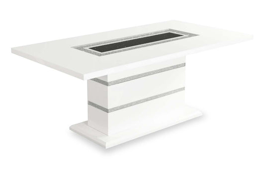 Table de salle à manger Garbo avec incrustation en verre, base piédestal, glamour, 78,75 po - blanche | Table de salle à manger somptueuse Garbo de 78,75 po (L) avec incrustation de verre et base piédestal - blanche