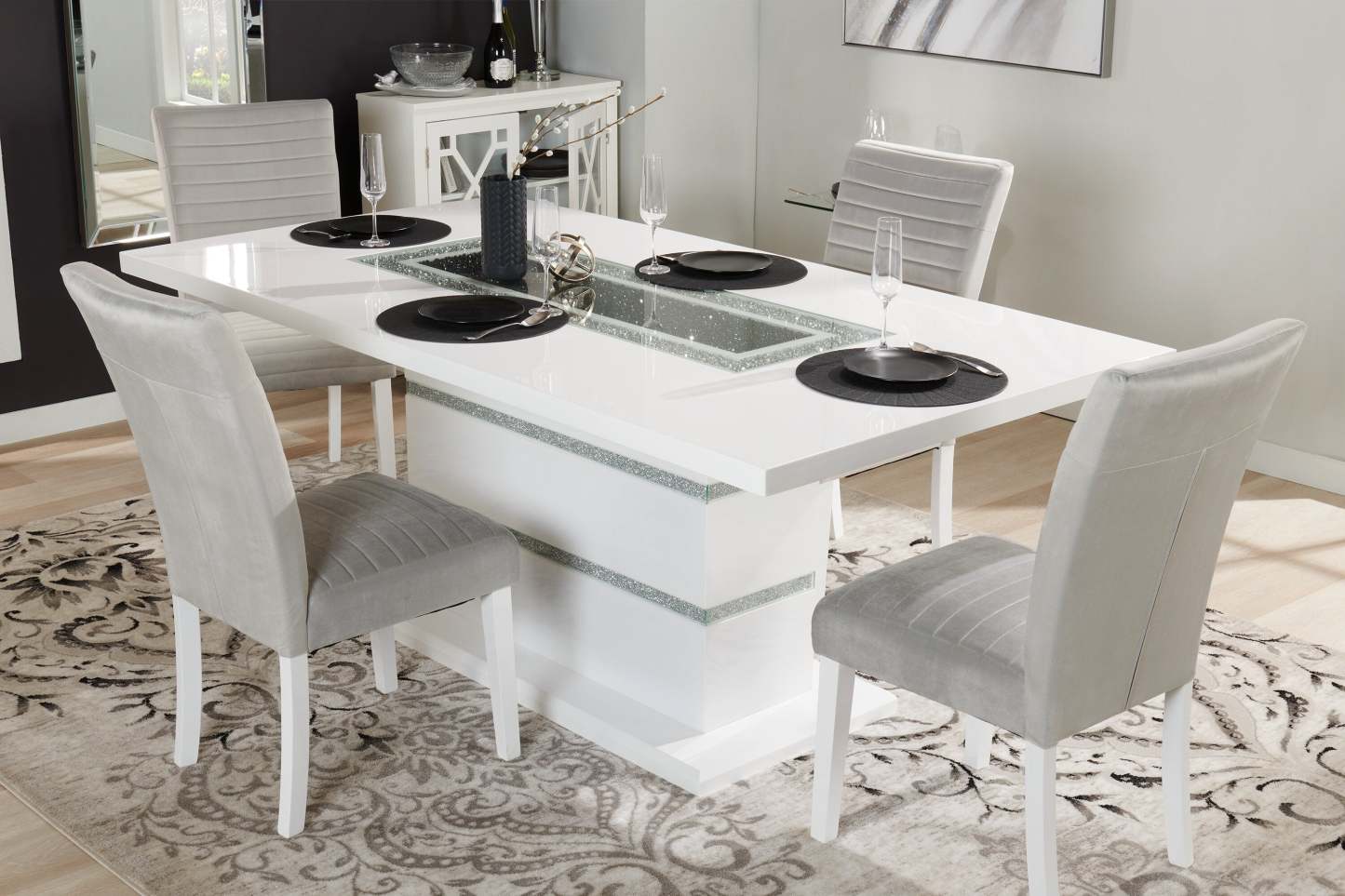Table de salle à manger Garbo avec incrustation en verre, base piédestal, glamour, 78,75 po - blanche | Table de salle à manger somptueuse Garbo de 78,75 po (L) avec incrustation de verre et base piédestal - blanche