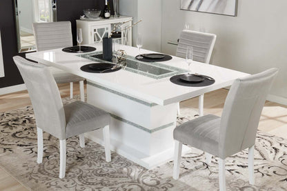 Table de salle à manger Garbo avec incrustation en verre, base piédestal, glamour, 78,75 po - blanche | Table de salle à manger somptueuse Garbo de 78,75 po (L) avec incrustation de verre et base piédestal - blanche