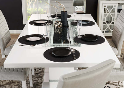 Table de salle à manger Garbo avec incrustation en verre, base piédestal, glamour, 78,75 po - blanche | Table de salle à manger somptueuse Garbo de 78,75 po (L) avec incrustation de verre et base piédestal - blanche