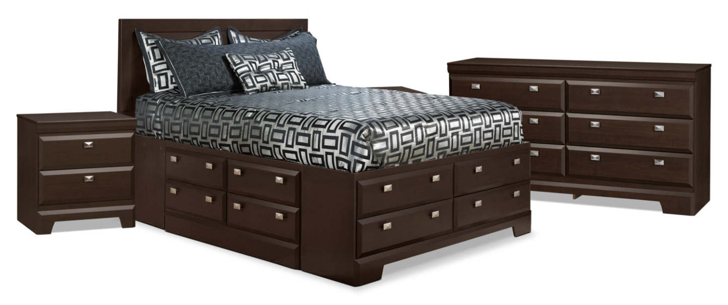 Ensemble de chambre à coucher avec rangement queen Yorkdale 6 pièces avec 2 tables de nuit|Ensemble de chambre à coucher Yorkdale 6 pièces avec lit queen de rangement et 2 tables de nuit