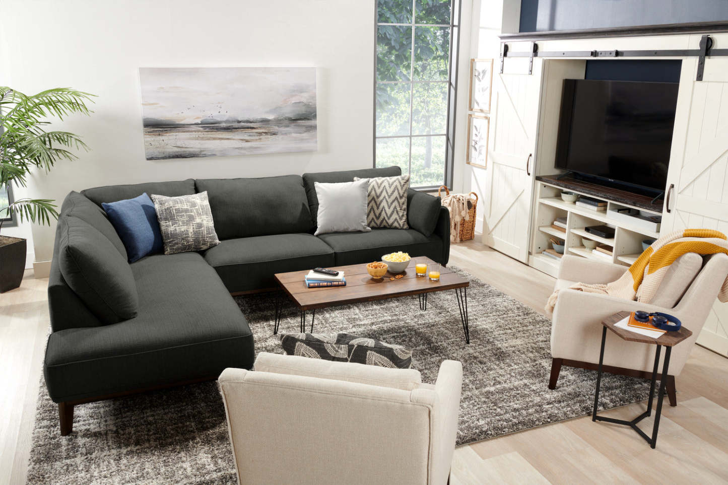 Cindy Crawford Home Gena 2-Piece Left-Facing Linen-Look Fabric Sectional with Wood Legs - Charcoal Grey | Canapé sectionnel gauche Gena de Cindy Crawford Home 2 pièces en tissu d’apparence lin avec pieds en bois - gris anthracite