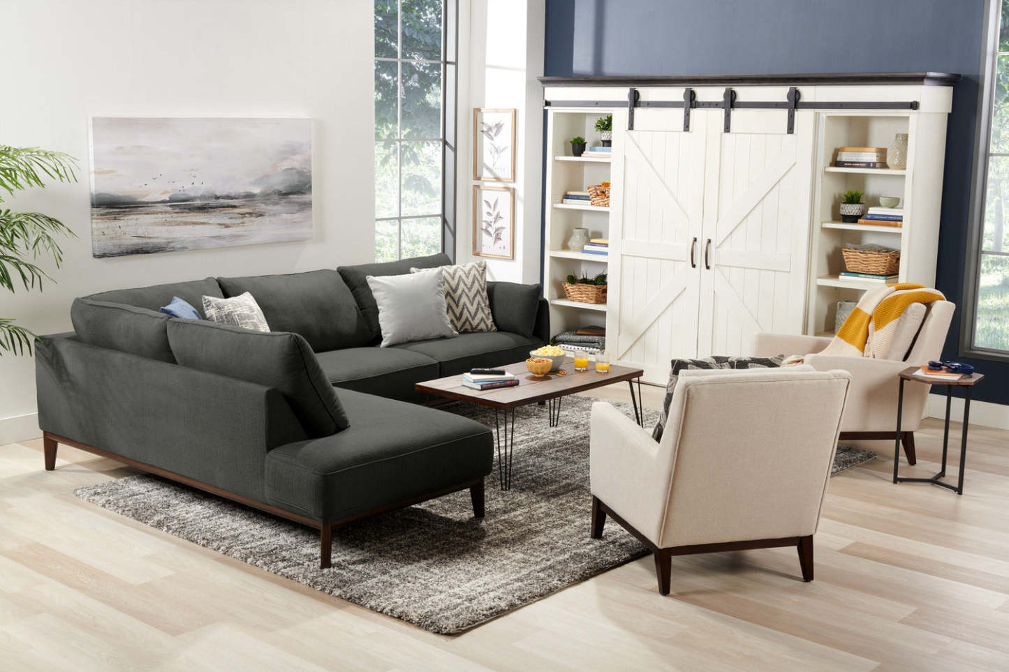 Cindy Crawford Home Gena 2-Piece Left-Facing Linen-Look Fabric Sectional with Wood Legs - Charcoal Grey | Canapé sectionnel gauche Gena de Cindy Crawford Home 2 pièces en tissu d’apparence lin avec pieds en bois - gris anthracite