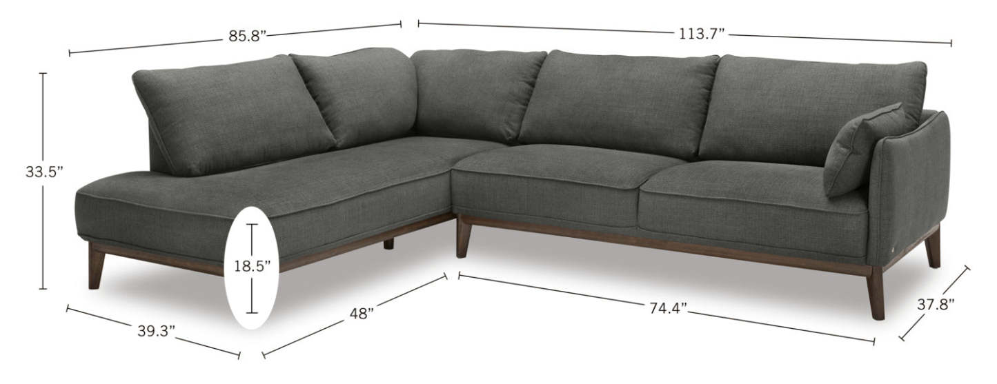 Cindy Crawford Home Gena 2-Piece Left-Facing Linen-Look Fabric Sectional with Wood Legs - Charcoal Grey | Canapé sectionnel gauche Gena de Cindy Crawford Home 2 pièces en tissu d’apparence lin avec pieds en bois - gris anthracite