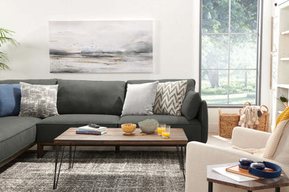 Cindy Crawford Home Gena 2-Piece Left-Facing Linen-Look Fabric Sectional with Wood Legs - Charcoal Grey | Canapé sectionnel gauche Gena de Cindy Crawford Home 2 pièces en tissu d’apparence lin avec pieds en bois - gris anthracite