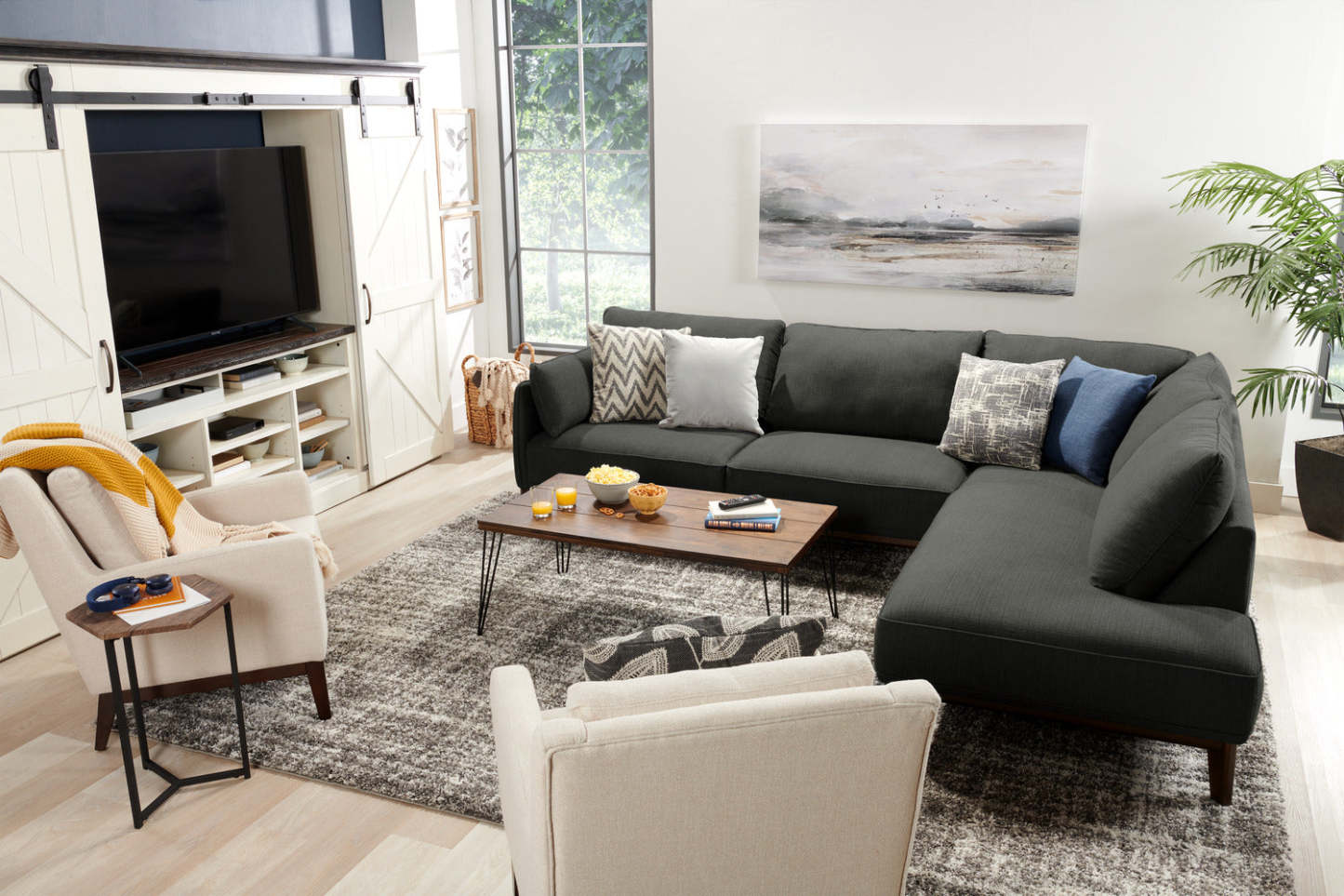 Cindy Crawford Home Canapé sectionnel Gena 2 pièces de droite en tissu d'apparence lin avec pieds en bois - Gris anthracite | Canapé sectionnel de droite Gena de Cindy Crawford Home 2 pièces en tissu d'apparence lin avec pattes en bois - gris anthracite