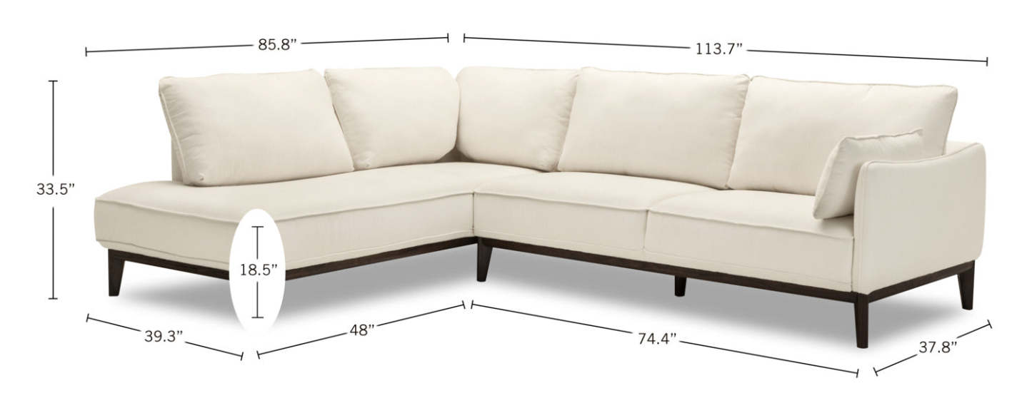 Cindy Crawford Home Gena 2-Piece Left-Facing Linen-Look Fabric Sectional with Wood Legs - Cotton White | Canapé sectionnel gauche Gena de Cindy Crawford Home 2 pièces en tissu d’apparence lin avec pieds en bois - blanc coton