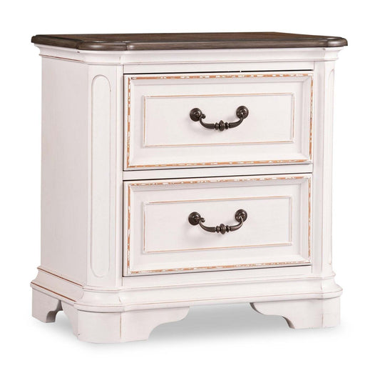 Table de chevet Grace à 2 tiroirs avec ports USB intégrés, 28 L x 28 H - Blanc Antique | Table de nuit Grace de 28 po (L) x 28 po (H) à 2 tiroirs avec ports USB intégrés - blanc antique