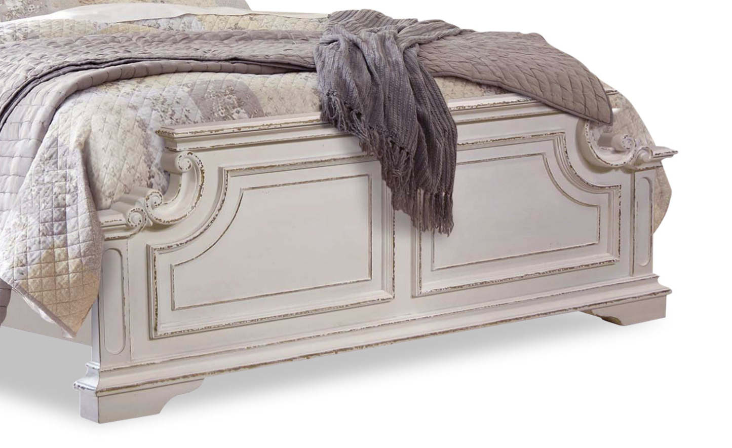 Lit à panneau Grace avec tête de lit et cadre, en bois, en tissu, blanc antique - format king size