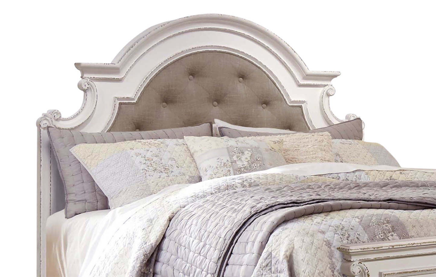 Lit à panneau Grace avec tête de lit et cadre, en bois, en tissu, blanc antique - format king size