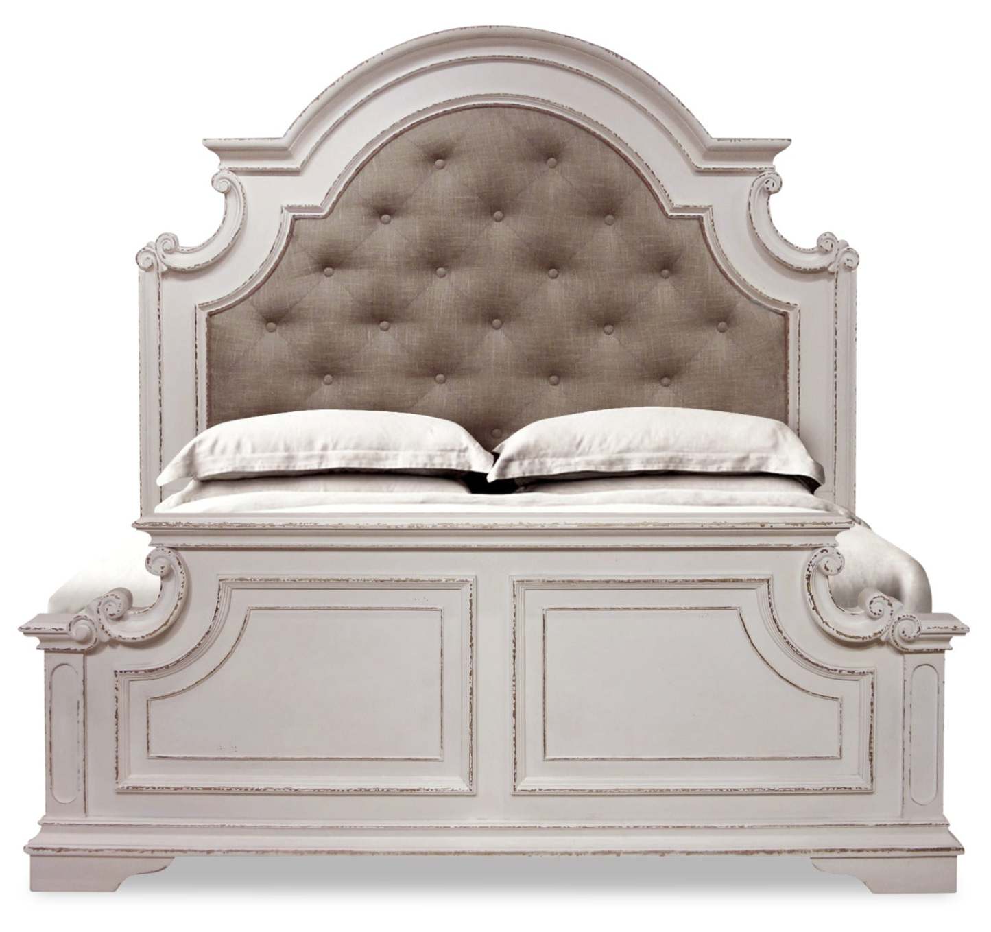 Lit à panneau Grace avec tête de lit et cadre, en bois, en tissu, blanc antique - format king size