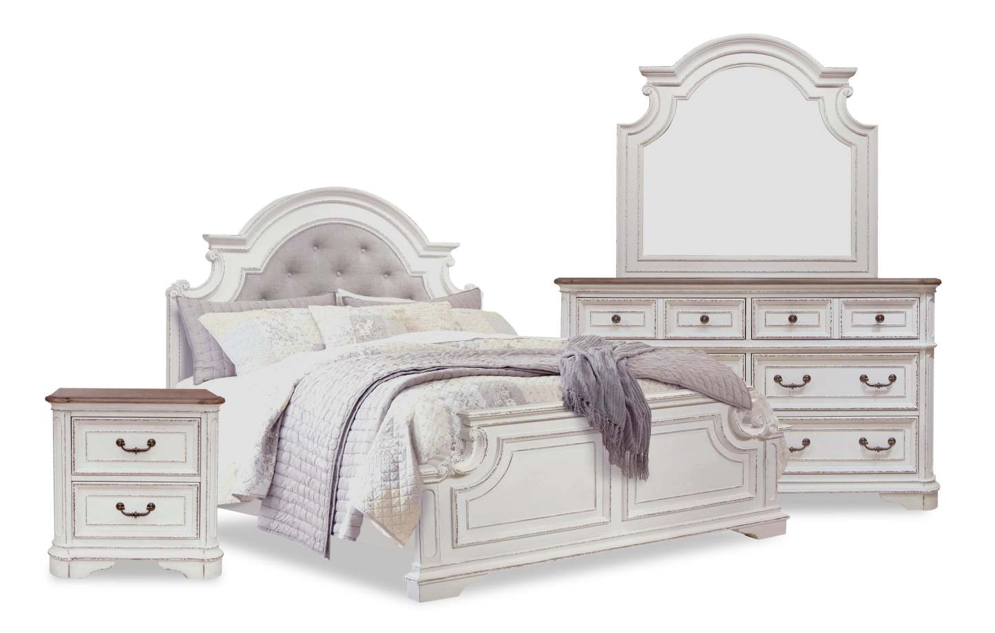 Ensemble de chambre à coucher Grace 6 pièces avec lit, commode, miroir et table de nuit, en bois et en tissu, blanc antique - format grand lit