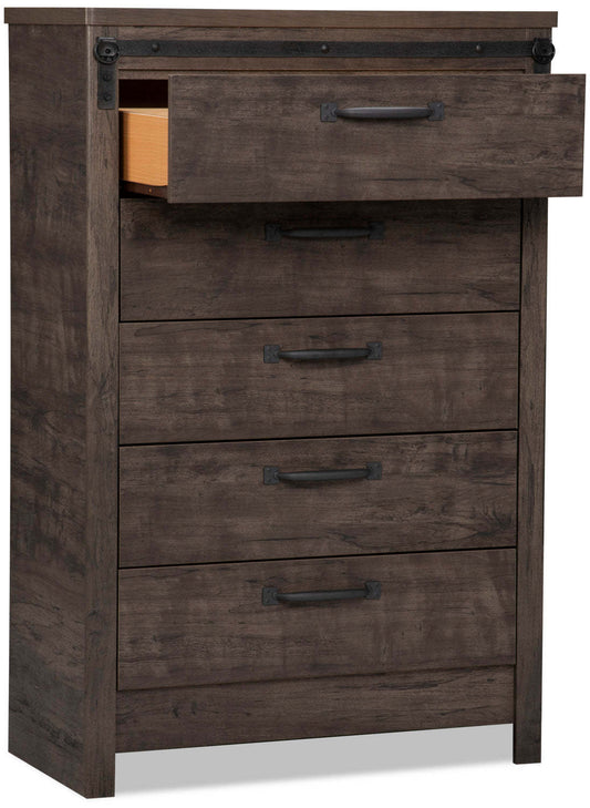 Commode de chambre à coucher Grayson, 5 tiroirs, 31,4 L x 47,4 H, Fabriquée au Canada, Rustique - Gris foncé | Commode verticale rustique Grayson de 31,4 po (L) x 47,4 po (H) à 5 tiroirs pour la chambre à coucher, fabriquée au Canada - gris foncé