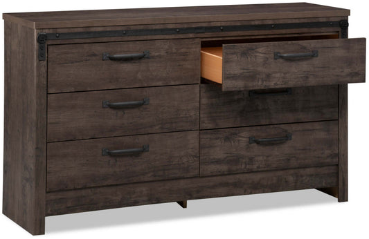 Commode de chambre à coucher Grayson à 6 tiroirs, 56,6 L x 32,3 H, fabriquée au Canada, rustique - Gris foncé | Commode rustique Grayson de 56,6 po (L) x 32,3 po (H) à 6 tiroirs pour la chambre à coucher, fabriqué au Canada - gris foncé