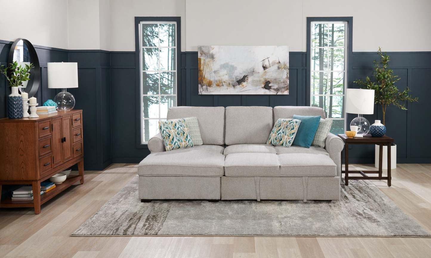 Scott Living Canapé-lit sectionnel Haven 2 pièces orienté vers la gauche en tissu chenille avec méridienne de rangement - Gris | Canapé-lit sectionnel de gauche Haven de Scott Living 2 pièces en tissu de chenille avec fauteuil long de rangement - gris