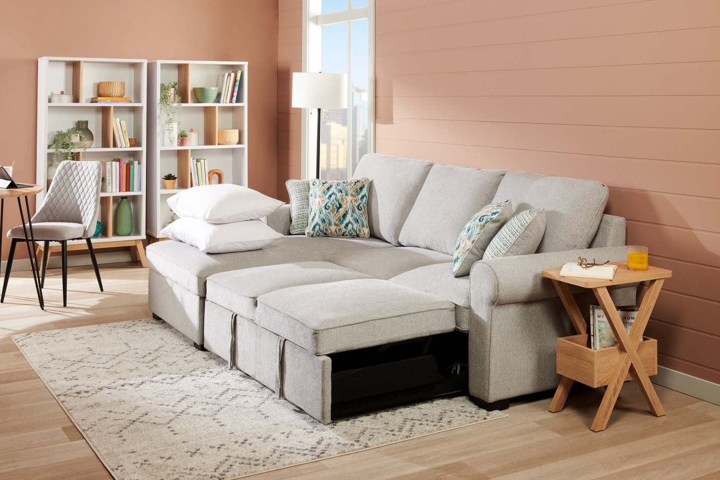 Scott Living Canapé-lit sectionnel Haven 2 pièces orienté vers la gauche en tissu chenille avec méridienne de rangement - Gris | Canapé-lit sectionnel de gauche Haven de Scott Living 2 pièces en tissu de chenille avec fauteuil long de rangement - gris