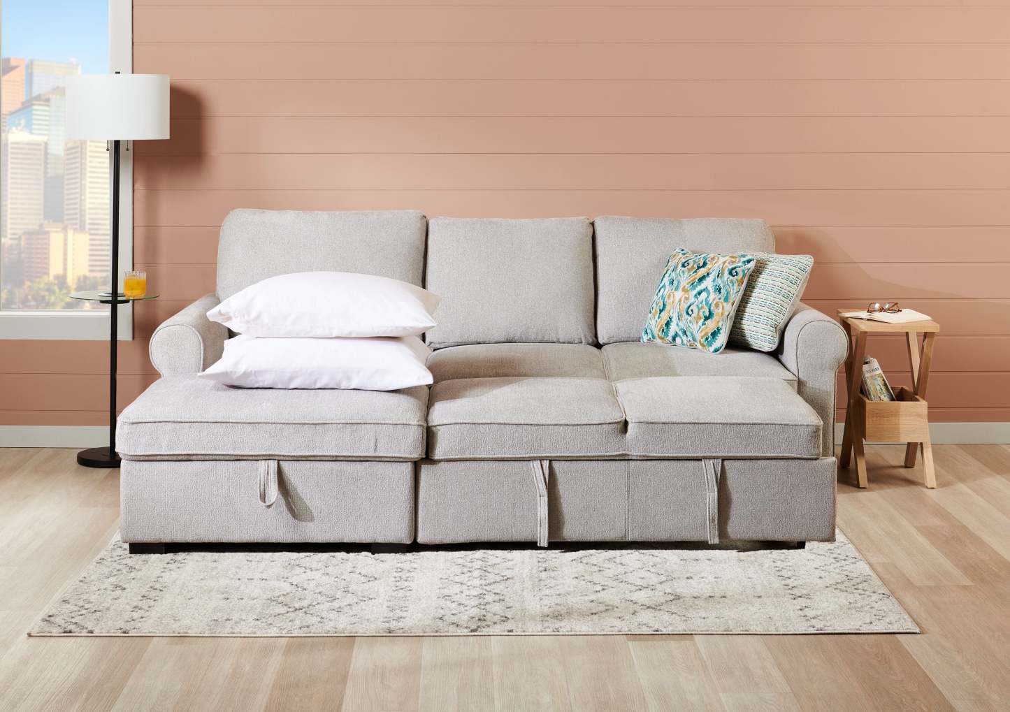 Scott Living Canapé-lit sectionnel Haven 2 pièces orienté vers la gauche en tissu chenille avec méridienne de rangement - Gris | Canapé-lit sectionnel de gauche Haven de Scott Living 2 pièces en tissu de chenille avec fauteuil long de rangement - gris