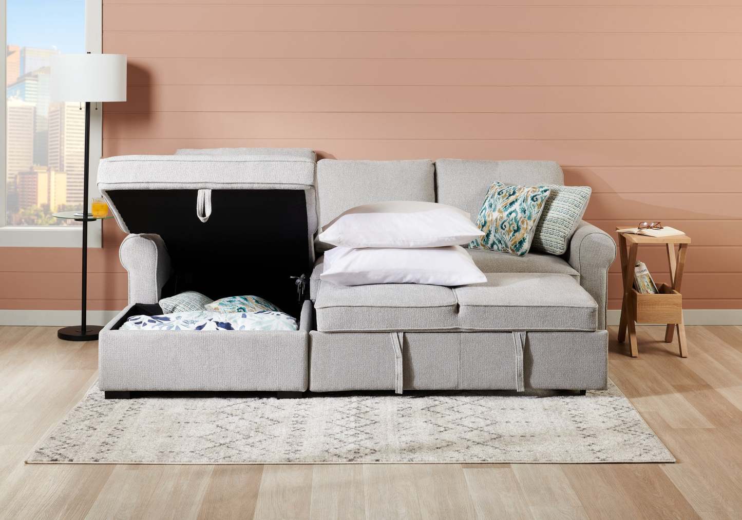 Scott Living Canapé-lit sectionnel Haven 2 pièces orienté vers la gauche en tissu chenille avec méridienne de rangement - Gris | Canapé-lit sectionnel de gauche Haven de Scott Living 2 pièces en tissu de chenille avec fauteuil long de rangement - gris