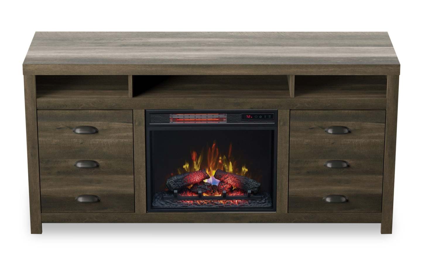 Haven 64 Meuble pour téléviseur rustique avec foyer électrique, rangement et système de gestion des câbles pour téléviseurs jusqu'à 70 po - brun