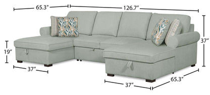 Scott Living Canapé-lit sectionnel Haven 3 pièces en tissu chenille avec deux méridiennes de rangement - Bleu écume de mer | Canapé-lit sectionnel Haven de Scott Living 3 pièces en tissu chenille avec 2 fauteuils longs de rangement - bleu écume de mer