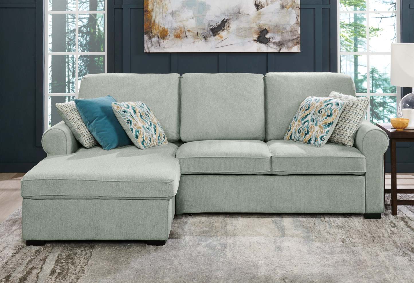 Scott Living Haven 2-Piece Left-Facing Chenille Fabric Sleeper Sectional with Storage Chaise - bleu écume de mer | Sofa-lit sectionnel de gauche Haven de Scott Living 2 pièces en tissu de chenille avec fauteuil long de rangement - bleu écume de mer