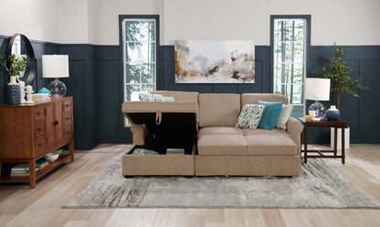 Scott Living Canapé-lit sectionnel Haven 2 pièces orienté vers la gauche en tissu chenille avec méridienne de rangement - Taupe | Canapé-lit sectionnel gauche Haven de Scott Living 2 pièces en tissu chenille avec chaise longue de rangement - taupe