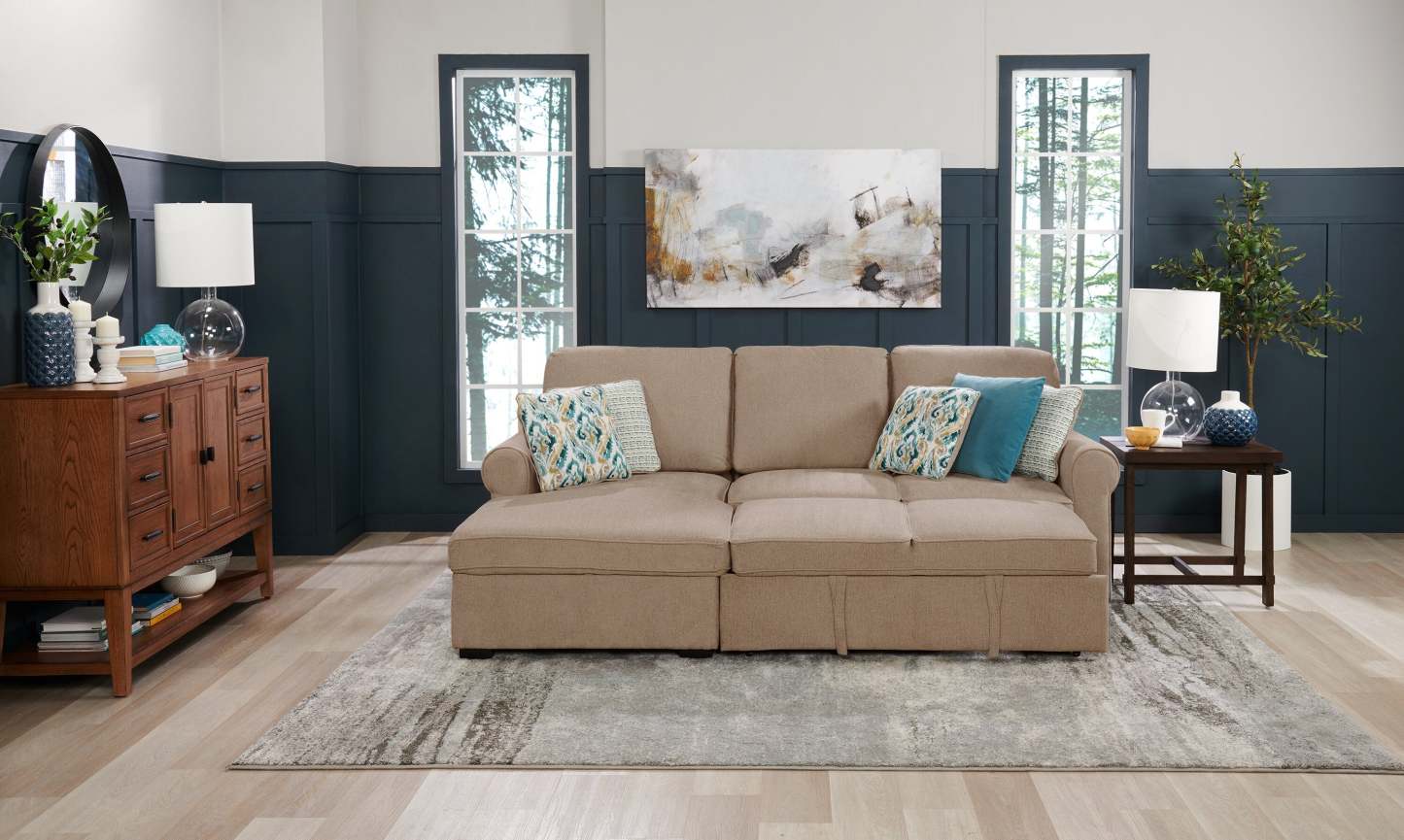 Scott Living Canapé-lit sectionnel Haven 2 pièces orienté vers la gauche en tissu chenille avec méridienne de rangement - Taupe | Canapé-lit sectionnel gauche Haven de Scott Living 2 pièces en tissu chenille avec chaise longue de rangement - taupe