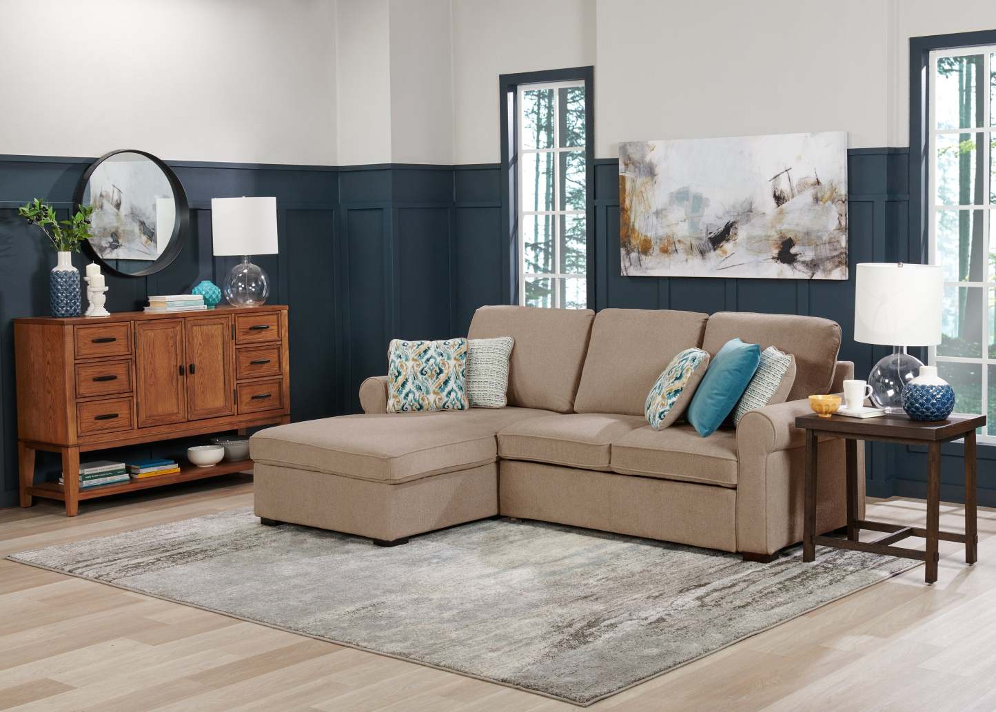 Scott Living Canapé-lit sectionnel Haven 2 pièces orienté vers la gauche en tissu chenille avec méridienne de rangement - Taupe | Canapé-lit sectionnel gauche Haven de Scott Living 2 pièces en tissu chenille avec chaise longue de rangement - taupe