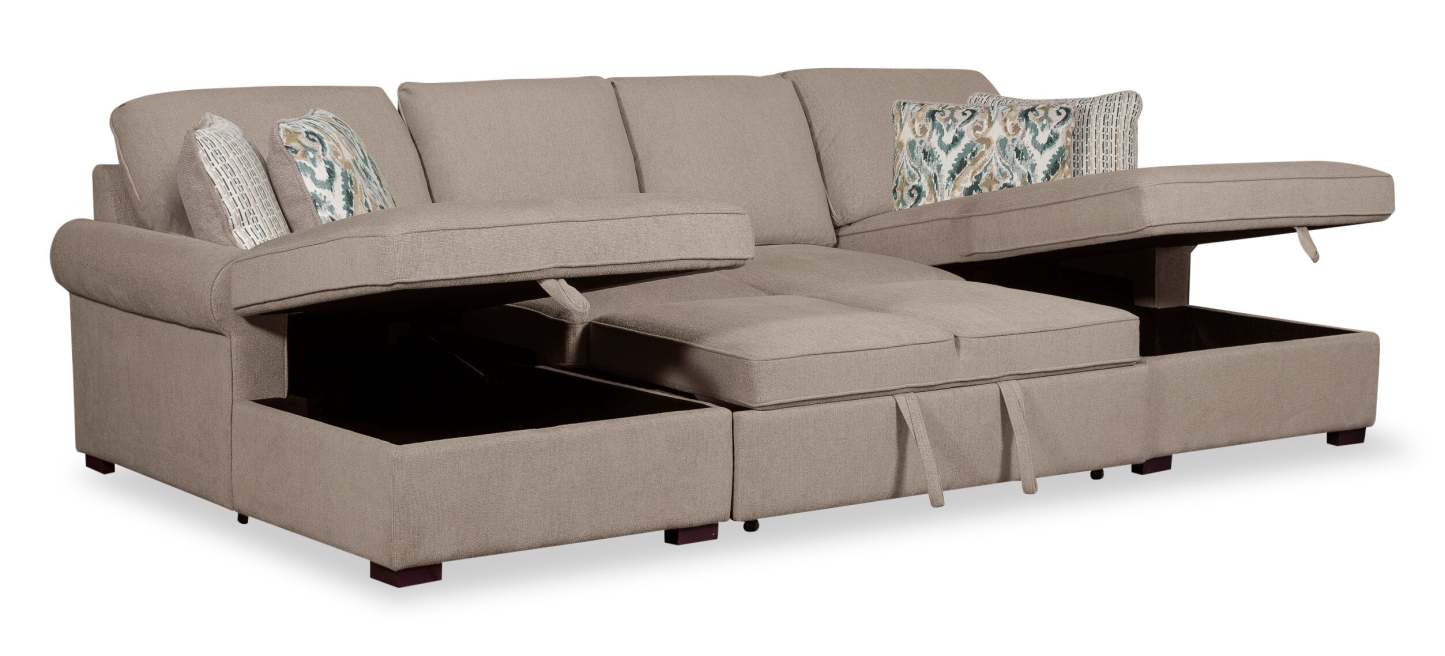 Scott Living Haven 3-Piece Chenille Fabric Sleeper Sectional with Two Storage Chaises - Taupe | Canapé-lit sectionnel Haven de Scott Living 3 pièces en tissu de chenille avec 2 chaises longues de rangement - taupe