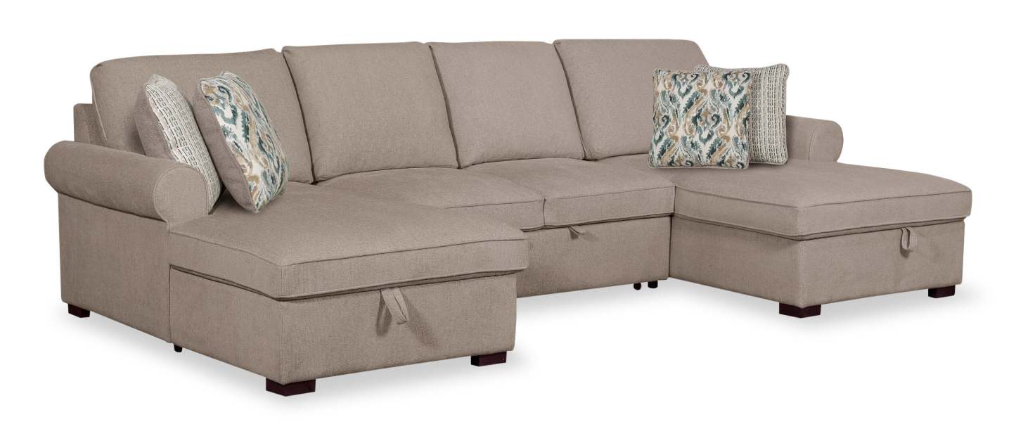 Scott Living Haven 3-Piece Chenille Fabric Sleeper Sectional with Two Storage Chaises - Taupe | Canapé-lit sectionnel Haven de Scott Living 3 pièces en tissu de chenille avec 2 chaises longues de rangement - taupe