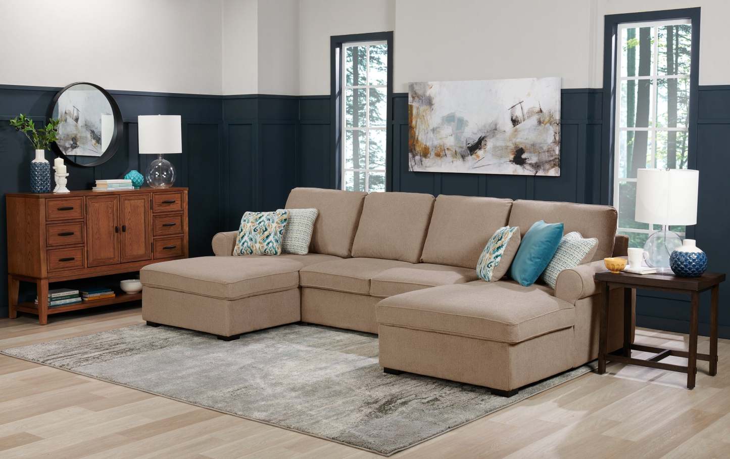 Scott Living Haven 3-Piece Chenille Fabric Sleeper Sectional with Two Storage Chaises - Taupe | Canapé-lit sectionnel Haven de Scott Living 3 pièces en tissu de chenille avec 2 chaises longues de rangement - taupe