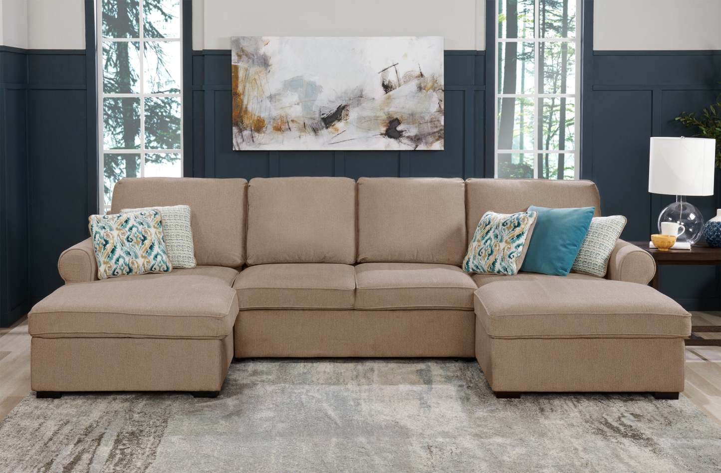Scott Living Haven 3-Piece Chenille Fabric Sleeper Sectional with Two Storage Chaises - Taupe | Canapé-lit sectionnel Haven de Scott Living 3 pièces en tissu de chenille avec 2 chaises longues de rangement - taupe