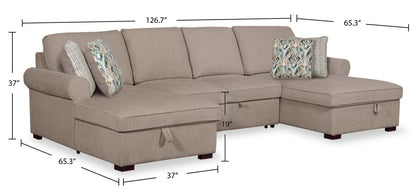 Scott Living Haven 3-Piece Chenille Fabric Sleeper Sectional with Two Storage Chaises - Taupe | Canapé-lit sectionnel Haven de Scott Living 3 pièces en tissu de chenille avec 2 chaises longues de rangement - taupe