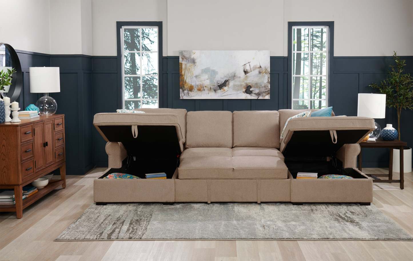 Scott Living Haven 3-Piece Chenille Fabric Sleeper Sectional with Two Storage Chaises - Taupe | Canapé-lit sectionnel Haven de Scott Living 3 pièces en tissu de chenille avec 2 chaises longues de rangement - taupe