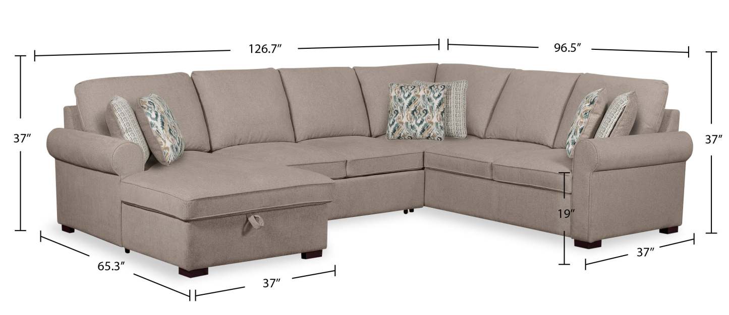 Scott Living Canapé-lit sectionnel Haven 3 pièces orienté vers la gauche en tissu chenille avec méridienne de rangement - Taupe | Canapé-lit sectionnel gauche Haven de Scott Living 3 pièces en tissu chenille avec chaise longue de rangement - taupe