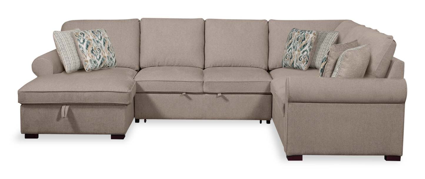 Scott Living Canapé-lit sectionnel Haven 3 pièces orienté vers la gauche en tissu chenille avec méridienne de rangement - Taupe | Canapé-lit sectionnel gauche Haven de Scott Living 3 pièces en tissu chenille avec chaise longue de rangement - taupe