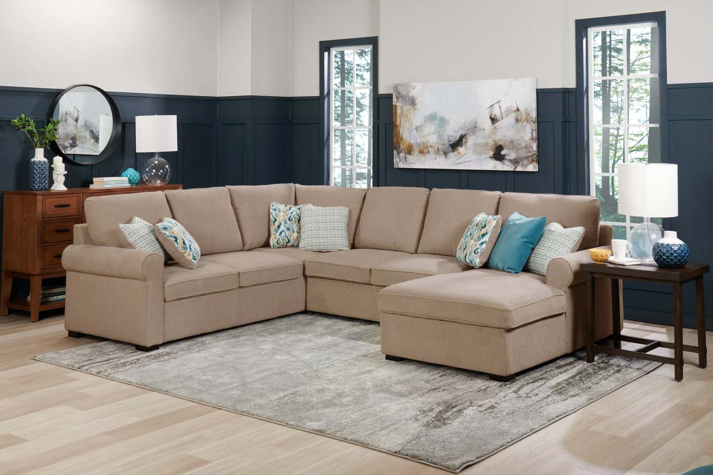 Scott Living Haven 3-Piece Right-Facing Chenille Fabric Sleeper Sectional with Storage Chaise - Taupe | Canapé-lit sectionnel de droite Haven de Scott Living 3 pièces en tissu de chenille avec chaise longue de rangement - taupe