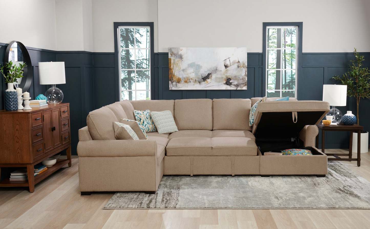 Scott Living Haven 3-Piece Right-Facing Chenille Fabric Sleeper Sectional with Storage Chaise - Taupe | Canapé-lit sectionnel de droite Haven de Scott Living 3 pièces en tissu de chenille avec chaise longue de rangement - taupe