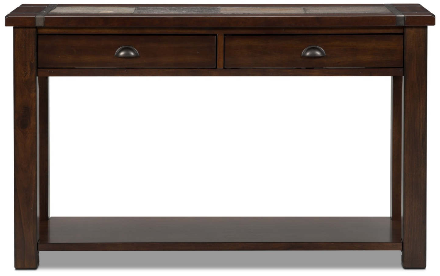 Roanoke 50 Rustic Sofa Table with Storage and Shelf - Dark Cherry Wood and Slate Inlay|Table de salon rustique Roanoke de 50 po avec rangement et tablette - bois cerisier foncé et incrustation d’ardoise