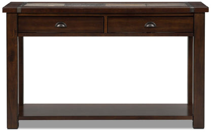 Roanoke 50 Rustic Sofa Table with Storage and Shelf - Dark Cherry Wood and Slate Inlay|Table de salon rustique Roanoke de 50 po avec rangement et tablette - bois cerisier foncé et incrustation d’ardoise