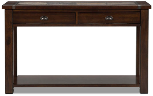 Roanoke 50 Rustic Sofa Table with Storage and Shelf - Dark Cherry Wood and Slate Inlay|Table de salon rustique Roanoke de 50 po avec rangement et tablette - bois cerisier foncé et incrustation d’ardoise
