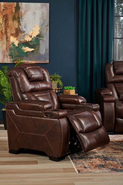 Hugo 73 Genuine Leather Power Reclining Loveseat with Power Headrests, Storage Console and USB Ports - Brown | Causeuse à inclinaison électrique Hugo de 73 po en cuir véritable avec appuie-têtes électriques, console de rangement et ports USB - brune