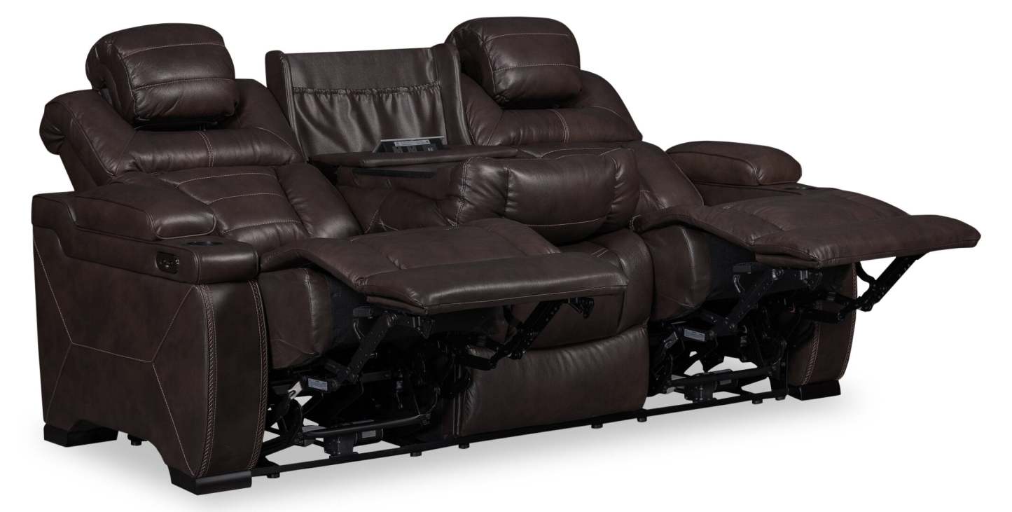 Hugo 84 Genuine Leather Power Reclining Sofa with Power Headrests, Dual Cupholders and USB Ports - Brown | Sofa à inclinaison électrique Hugo de 84 po en cuir véritable avec appuie-têtes électriques, 2 porte-gobelets et ports USB - brun