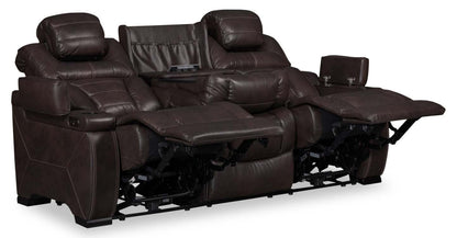 Hugo 84 Genuine Leather Power Reclining Sofa with Power Headrests, Dual Cupholders and USB Ports - Brown | Sofa à inclinaison électrique Hugo de 84 po en cuir véritable avec appuie-têtes électriques, 2 porte-gobelets et ports USB - brun