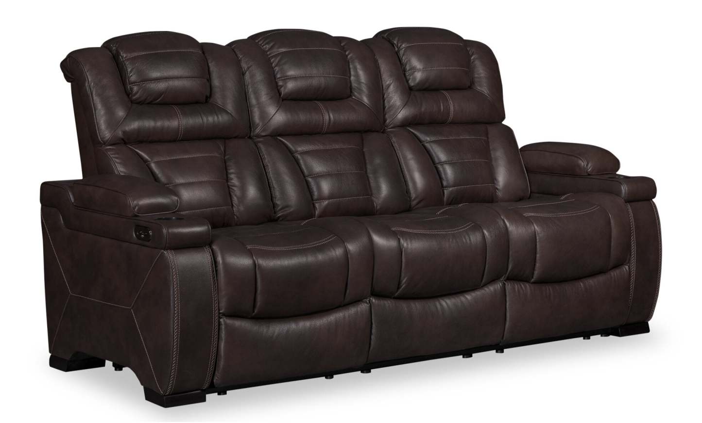 Hugo 84 Genuine Leather Power Reclining Sofa with Power Headrests, Dual Cupholders and USB Ports - Brown | Sofa à inclinaison électrique Hugo de 84 po en cuir véritable avec appuie-têtes électriques, 2 porte-gobelets et ports USB - brun